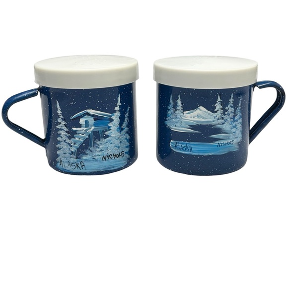 VTG Claim 49 Hand Painted Alaska Scene Blue Enamelware Salt & Pepper Shakers - Picture 10 of 10